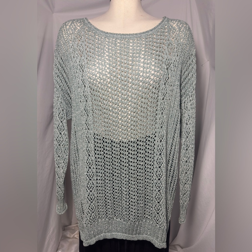 Chicos Open Knit Sweater Cardigan Sage Green US Large Chicos 2 Boho Sweater